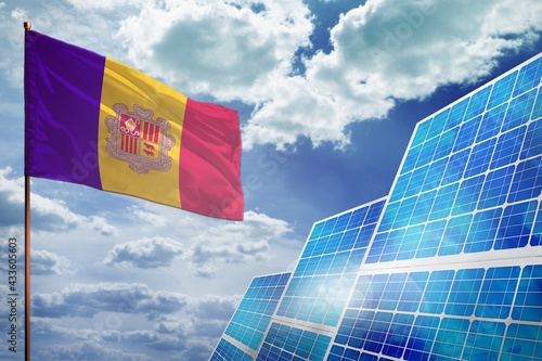 Andorra solar energy, alternative energy industrial concept with flag industrial illustration - fight with global climate changing, 3D illustration