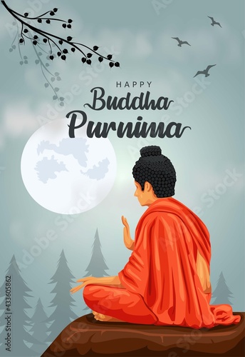 Happy Vesak Day, Buddha Purnima wishes greetings with buddha and lotus illustration. Can be used for poster, banner, logo, background, greetings, print design, festive elements. vector illustration.