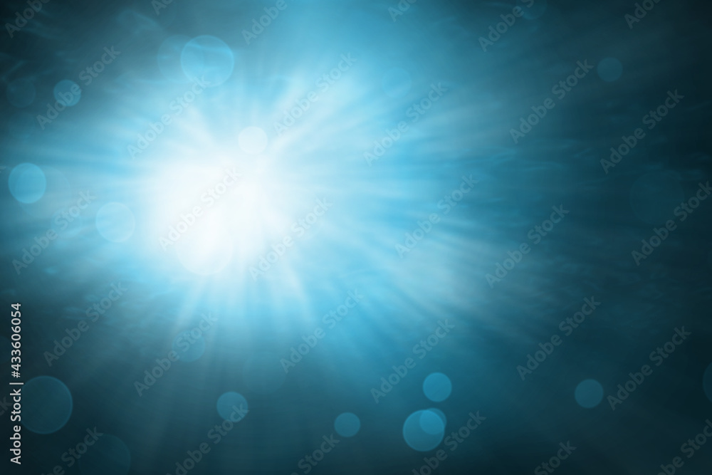 Blue underwater world of sea or ocean with rays background. Illustration of ecology concept.