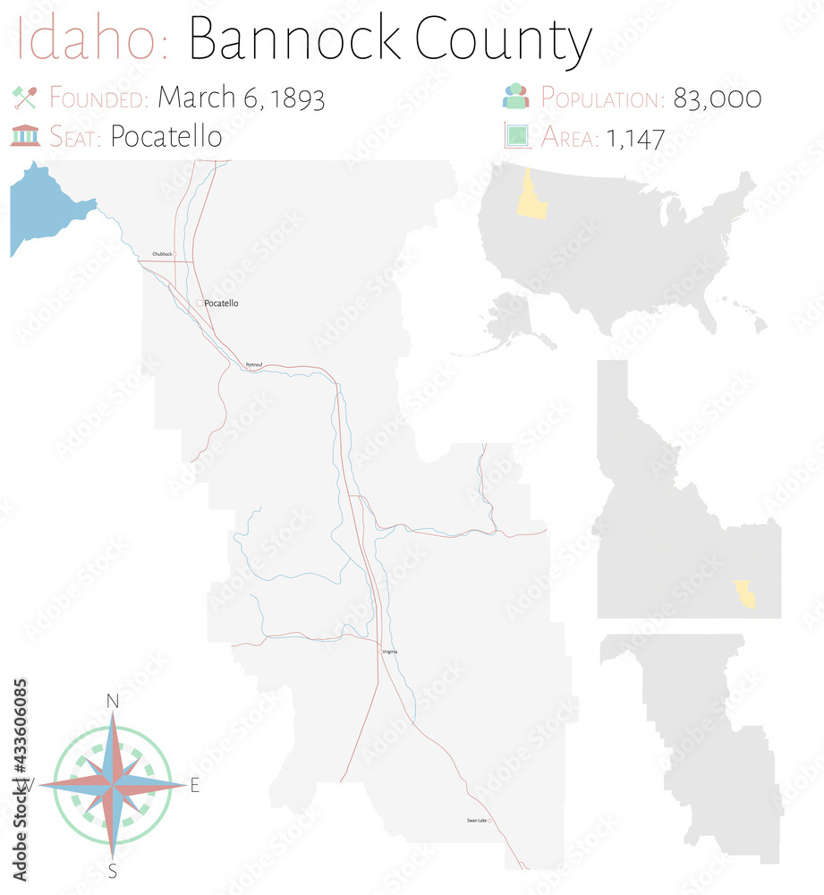 Large and detailed map of Bannock county in Idaho, USA.
