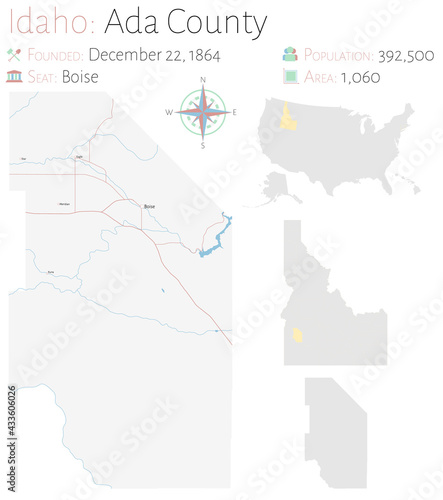 Large and detailed map of Ada county in Idaho, USA.
