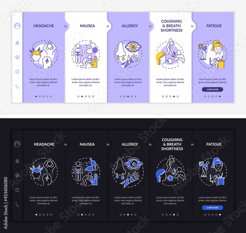 Air pollution respiratory disease onboarding vector template. Responsive mobile website with icons. Web page walkthrough 5 step screens. Headache night and day mode concept with linear illustrations