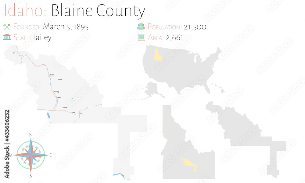 Large and detailed map of Blaine county in Idaho, USA.