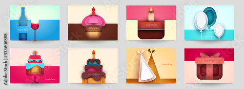 Collection templates cover for birthday. Abstract art composition in modern geometric papercut style. Minialistic concept design for banner, flyer, invitation, greeting card. Vector illustration.