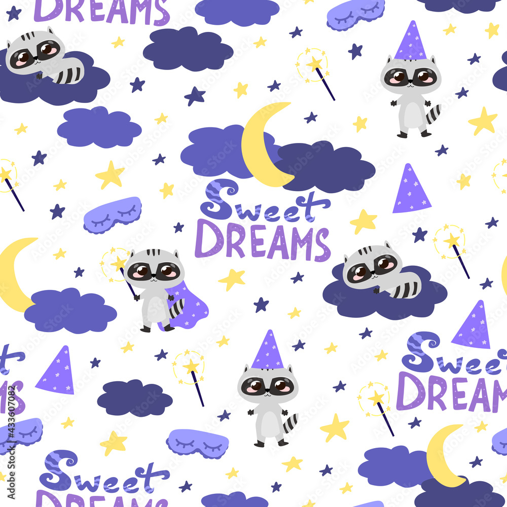 Naklejka premium Seamless pattern with cute wizard raccoon and sweet dreams lettering, ornate for bedding, fabric or wrapping paper with moon and clouds