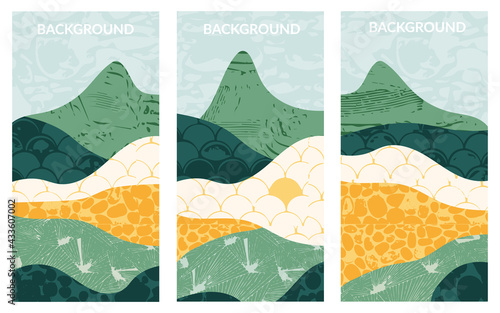 Abstract green field landscape poster collection. Set of natural eco textured mountain hill background. Social media template in vintage style. Rural view, countryside poster, abstract agriculture