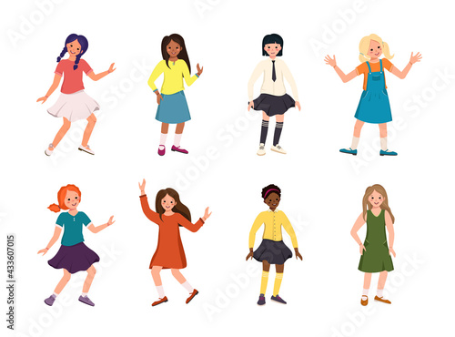 Girls or teenagers different nationalities, with dark, red and blond hair. Happy children with faces and smiles in shirts, skirts and dresses. Black and fair skinned people