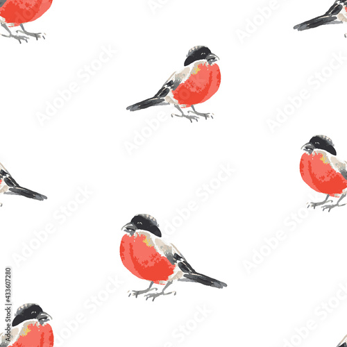 Seamless background of watercolor sketches of bullfinches