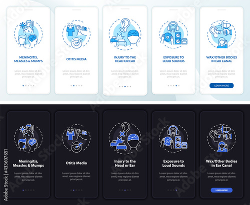 Obtained deafness onboarding mobile app page screen with concepts. Otitis media walkthrough 5 steps graphic instructions. UI, UX, GUI vector template with linear night and day mode illustrations