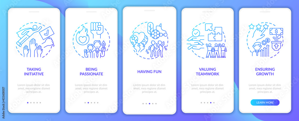 Basic business core values onboarding mobile app page screen with concepts. Being passionate walkthrough 5 steps graphic instructions. UI, UX, GUI vector template with linear color illustrations