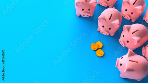 Profit sharing. Separation of attachments. Top view. Crowd of piggy banks and a stack of gold coins of money on a blue background. Copy space for text. 3d render
