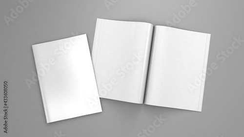 Open magazine mockup. Blank magazine template for copy space. Empty space in cover. Grey background. 3d render