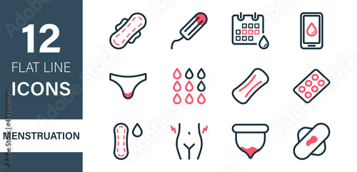 Woman Menstruation Cycle Icons Collection. Sanitary Pad and Periods of Menstruation line flat Icons Set. Periods Pad, Menstrual Cup, Tampons, Blood Drops, Pills. Editable stroke. Vector illustration