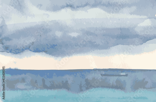 Vector image of watercolor seascape of cloudy sky over stormy sea