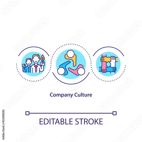Company culture concept icon. Shared values, goals, attitudes idea thin line illustration. Social customs and norms inside organization. Vector isolated outline RGB color drawing. Editable stroke
