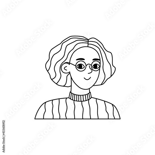 Portrait of a girl on a white background in doodle style, sketch, outline. A young woman with curly hair and glasses. Hand drawn vector illustration
