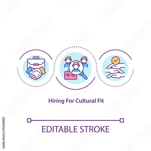 Hiring for cultural fit concept icon. Beliefs, values mixture in company idea thin line illustration. Boosting retention and productivity. Vector isolated outline RGB color drawing. Editable stroke