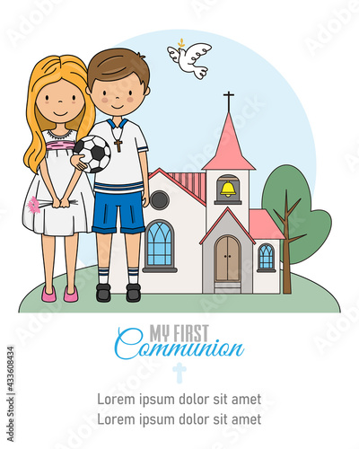 My first communion card. Girl and boy  in front of the church	