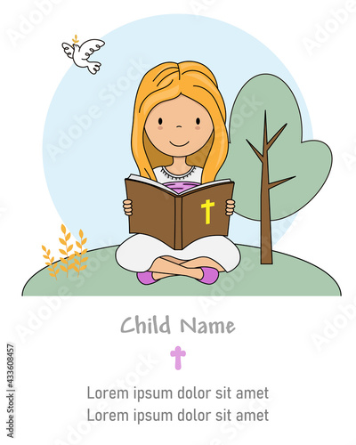 My first communion card. Girl reading the bible	