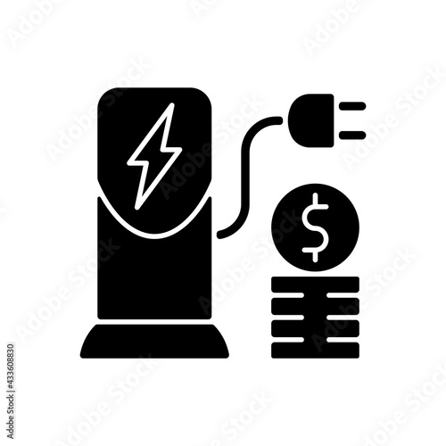 Charging cost black glyph icon. Amount of money payed for charging battery of electromobile. Natural fuel. Ecological way of traveling. Silhouette symbol on white space. Vector isolated illustration