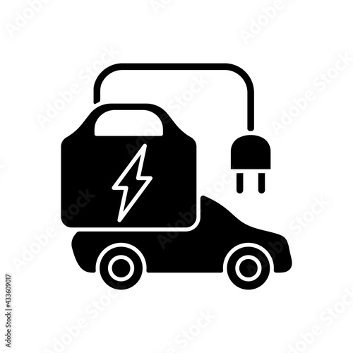 Portable EV charger black glyph icon. Charging station for electromobiles which can be transported. Fueling car in any place. Silhouette symbol on white space. Vector isolated illustration