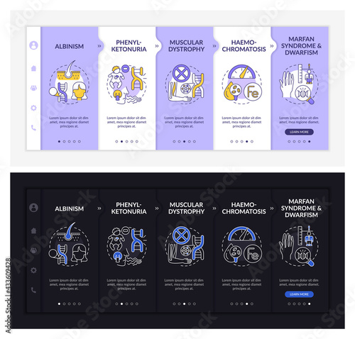 Various genetic disorders onboarding vector template. Responsive mobile website with icons. Web page walkthrough 5 step screens. Physical condition dark, light mode concept with linear illustrations