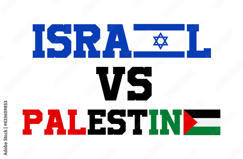 Israel vs Palestine lettering in the colors of their flag, flags of Israel and Palestine with lettering Israel vs Palestine lettering in the colors of their flag, flags of Israel and Palestine with lettering