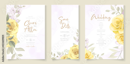 Wedding card template with hand drawn yellow floral ornaments theme