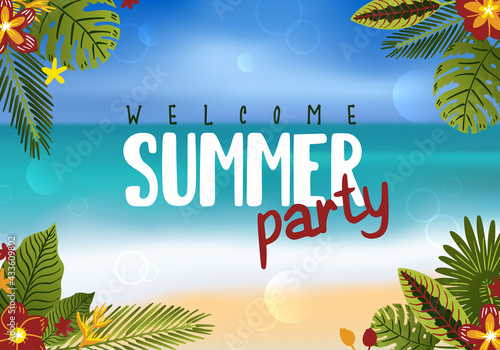 Summer realistic background with text and exotic leaves, summer party time illustration. Beach tropical sea bright sun. Vector