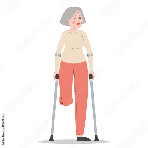 Senior woman on crutches vector isolated. Injured senior lady, amputated leg. Concept of people with disability. Handicapped grandmother. Injured person.