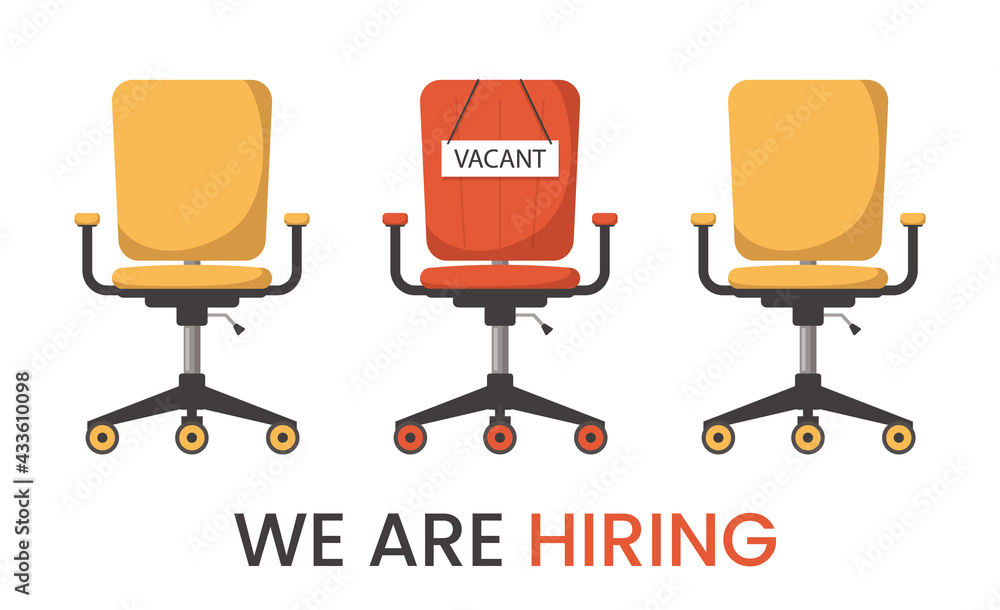 We are hiring vector isolated banner. Three chairs in a row, one red chair is vacant. Build your career. Searching for a candidate for the job in office. We are hiring vector isolated banner. Three chairs in a row, one red chair is vacant. Build your career. Searching for a candidate for the job in office.