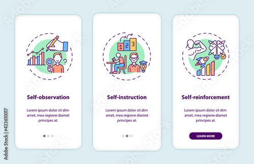 Self-control techniques onboarding mobile app page screen with concepts. Personal development walkthrough 3 steps graphic instructions. UI, UX, GUI vector template with linear color illustrations