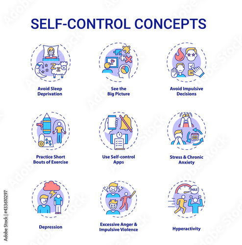Self control concept icons set. See big picture. Avoid impulsive decision. Personal regulation idea thin line RGB color illustrations. Vector isolated outline drawings. Editable stroke