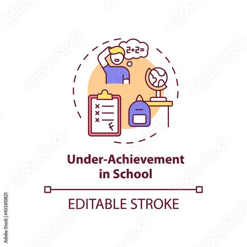 Under achievement at school concept icon. Student failing class grades. Self control problem idea thin line illustration. Vector isolated outline RGB color drawing. Editable stroke