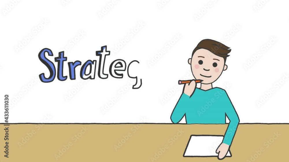 Animation of strategy text in blue and schoolboy writing on white background Animation of strategy text in blue and schoolboy writing on white background