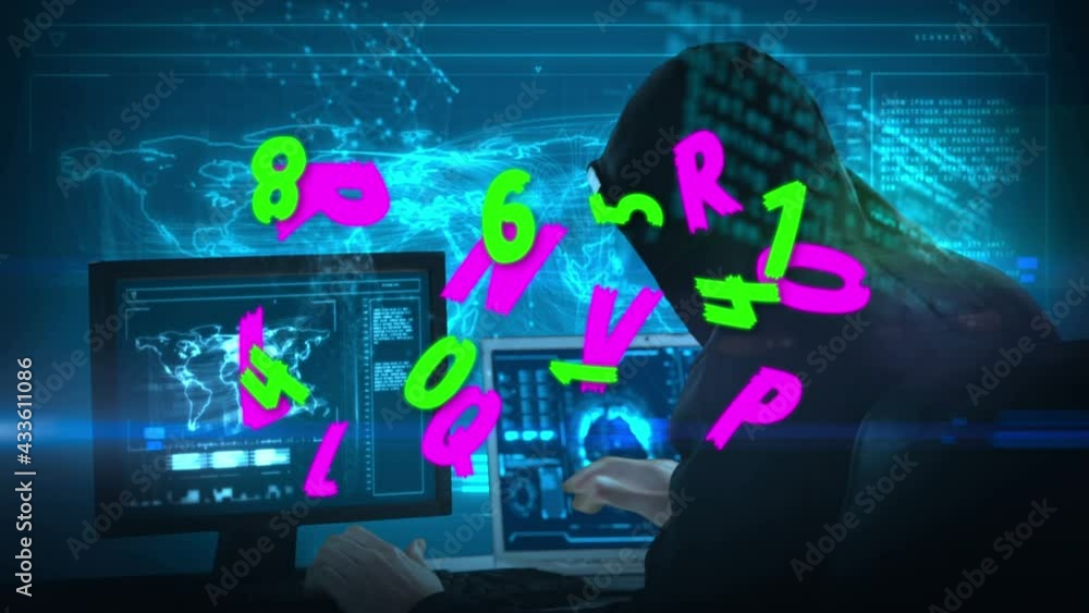 Animation of floating letters numbers and data processing over caucasian man using computer Animation of floating letters numbers and data processing over caucasian man using computer