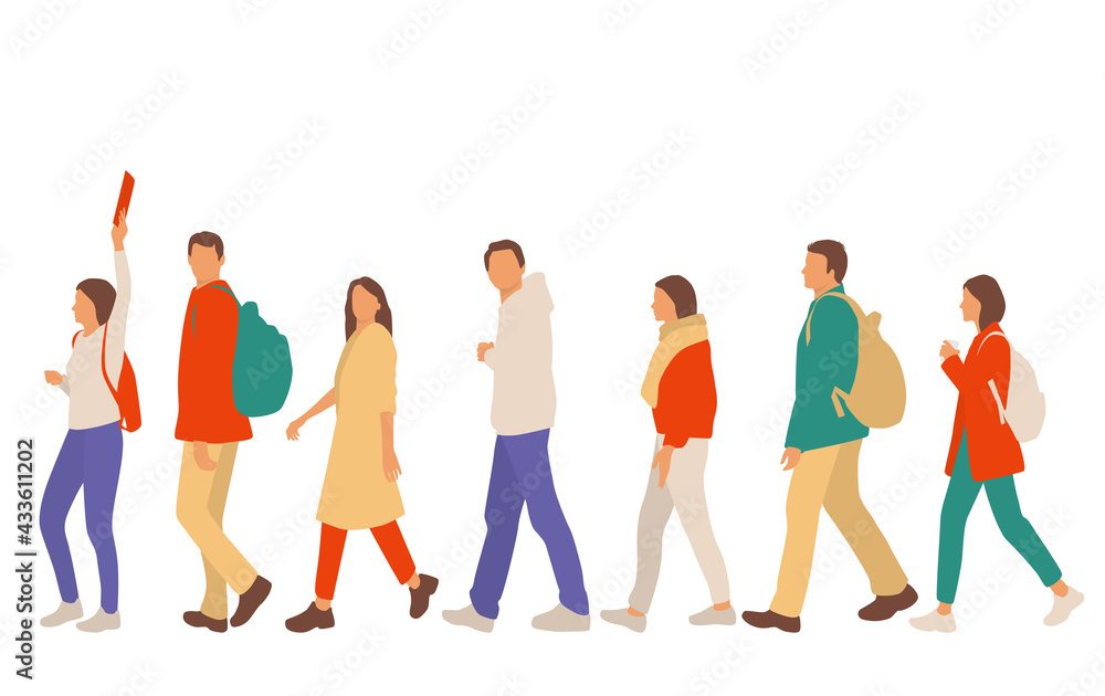 Fototapeta premium Set of young men and women, different colors, cartoon character, group of silhouettes of walking business people, students, the design concept of flat icon, isolated on white background