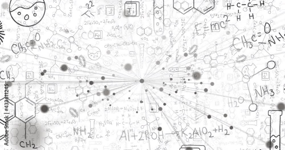 Animation of web of connections over mathematical equations and chemical icons on white background Animation of web of connections over mathematical equations and chemical icons on white background