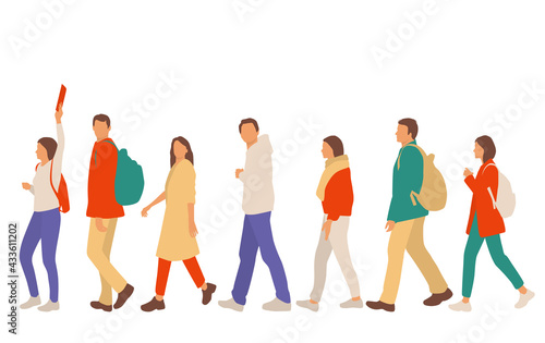  Set of young men and women, different colors, cartoon character, group of silhouettes of walking business people, students, the design concept of flat icon, isolated on white background