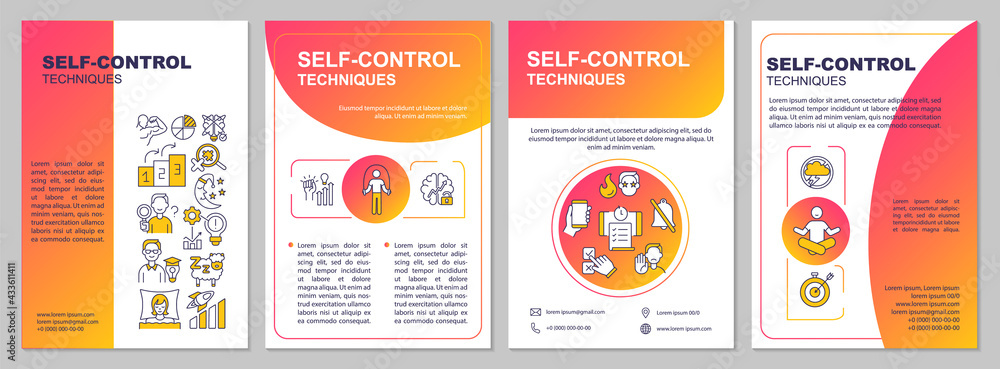 Naklejka premium Self control techniques brochure template. Work life harmony. Flyer, booklet, leaflet print, cover design with linear icons. Vector layouts for presentation, annual reports, advertisement pages