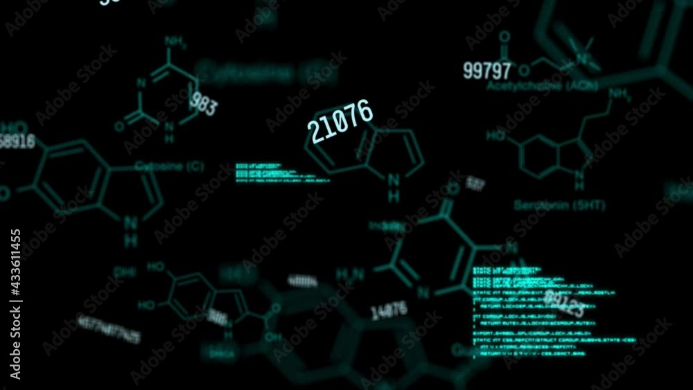 Animation of numbers and chemical icons on black background Animation of numbers and chemical icons on black background