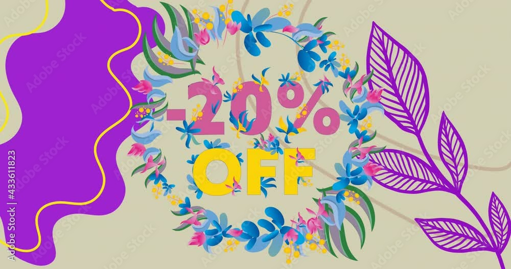 Animation of 20 percent off text over floral pattern on purple and beige background Animation of 20 percent off text over floral pattern on purple and beige background