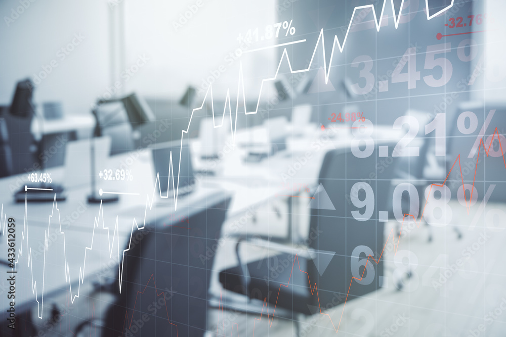 Abstract virtual financial graph hologram on a modern furnished classroom background, financial and trading concept. Multiexposure Abstract virtual financial graph hologram on a modern furnished classroom background, financial and trading concept. Multiexposure