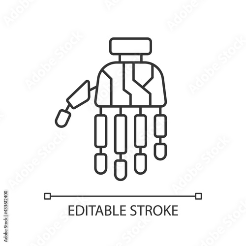 Bionic limb black glyph icon. Innovative arm prosthetics. Hand prosthesis with microchips. Thin line customizable illustration. Contour symbol. Vector isolated outline drawing. Editable stroke