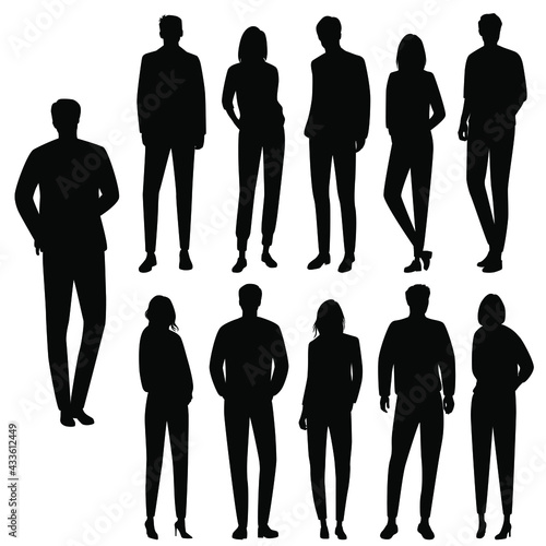 Vector silhouettes of  men and a women, a group of standing  business people, black  color isolated on white background