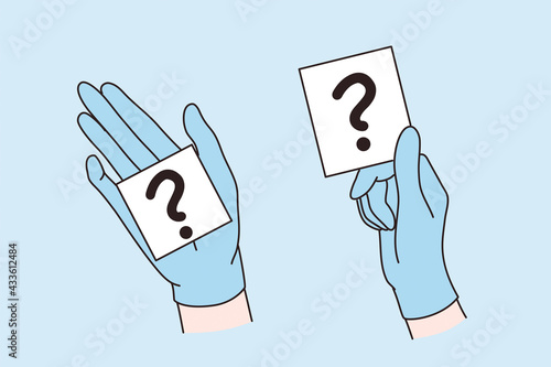 Doubt, question sign, uncertain situation concept. Human hands in blue gloves holding question mark signs and showing meaning vector illustration 