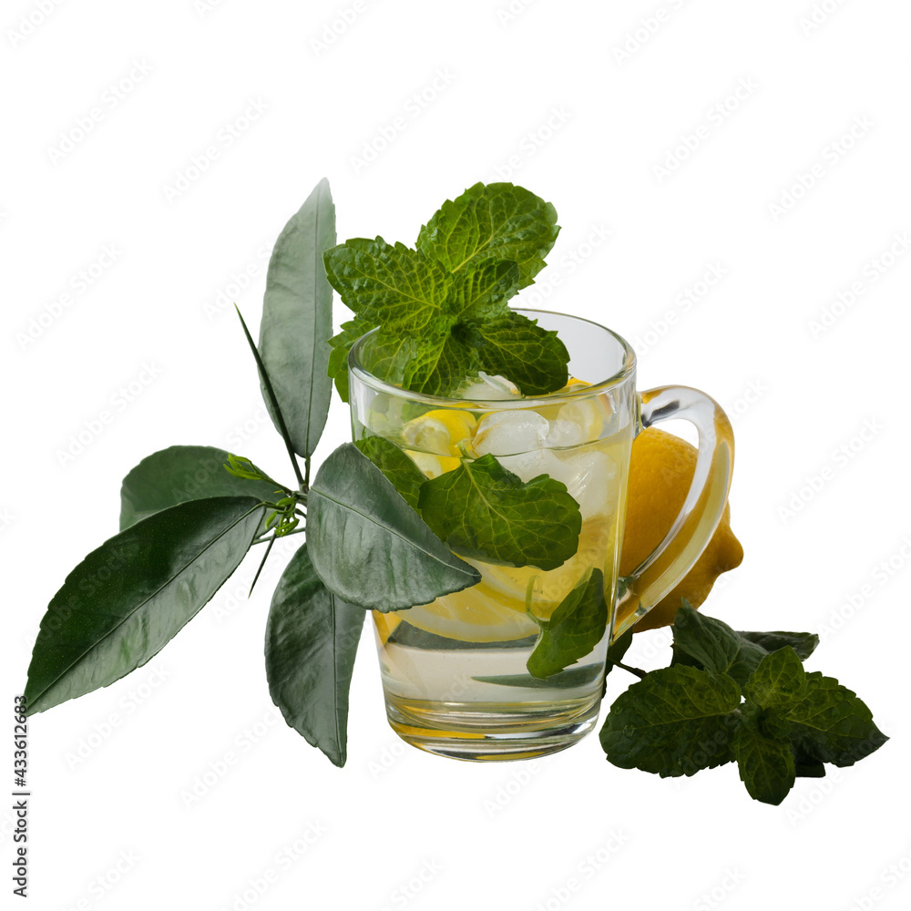Water with lemon slices, mint leaves and ice. A cool drink to quench your thirst Water with lemon slices, mint leaves and ice. A cool drink to quench your thirst