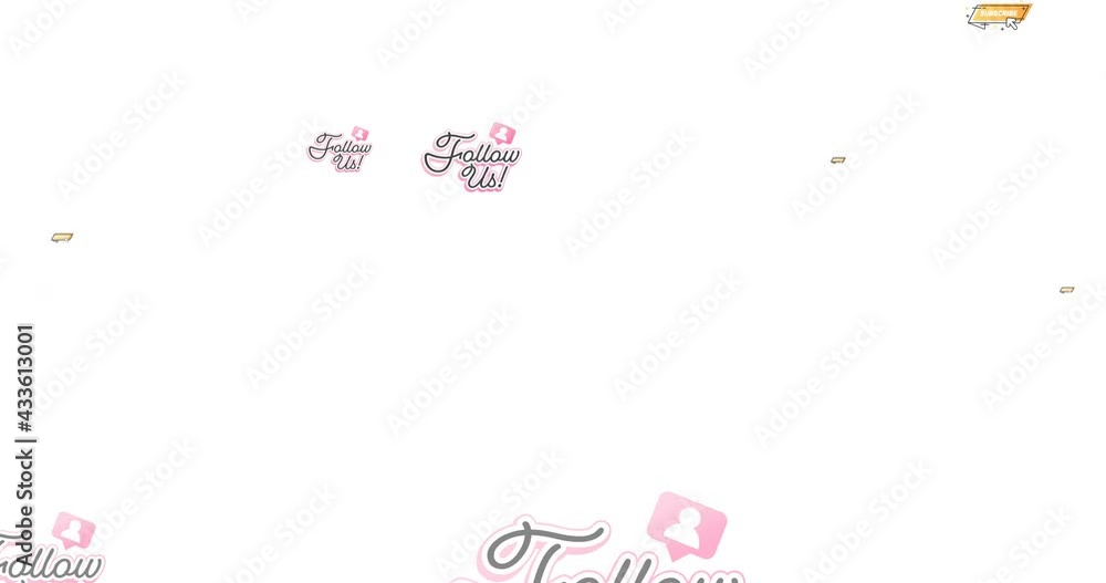 Animation of follow us and subscribe text and social media icons on white background Animation of follow us and subscribe text and social media icons on white background