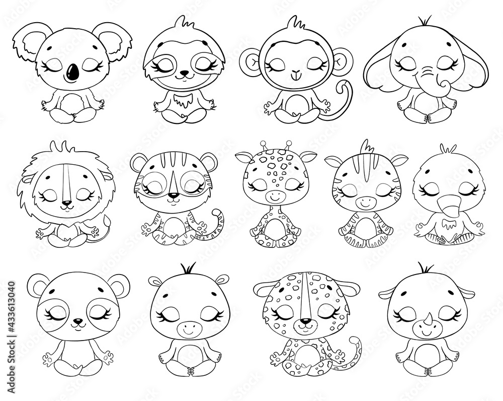 Doodle line cute cartoon animals meditate. Tropical jungle animals ...