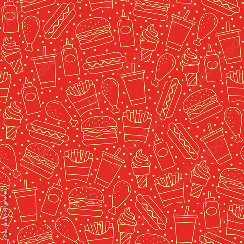 Fast food seamless pattern on red background, Simple outline flat design for decorative decorative or gift wrapping paper, Vector illustration